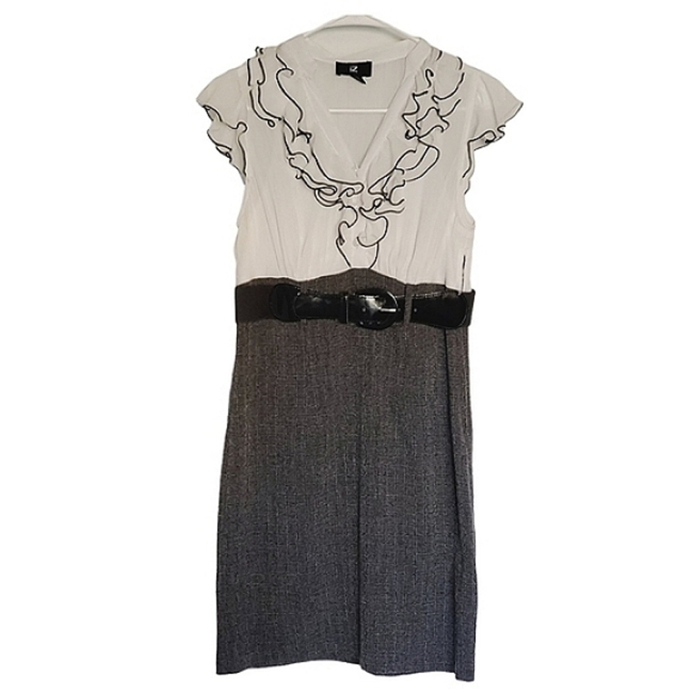 7130 * Iz Buyer Belted Ruffle Midi Dress White Black Size 7